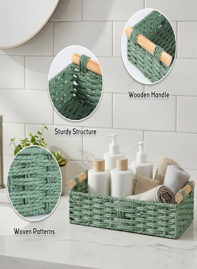 MIDLADE Small Bathroom Storage Baskets for Shelves Organizing Paper Rope Woven Basket for Bathroom, Office, Toilet Tank Top, Sage Green Wicker Baskets with Handle for Gifts, Spring, Bathroom, Home Decor - Image 4