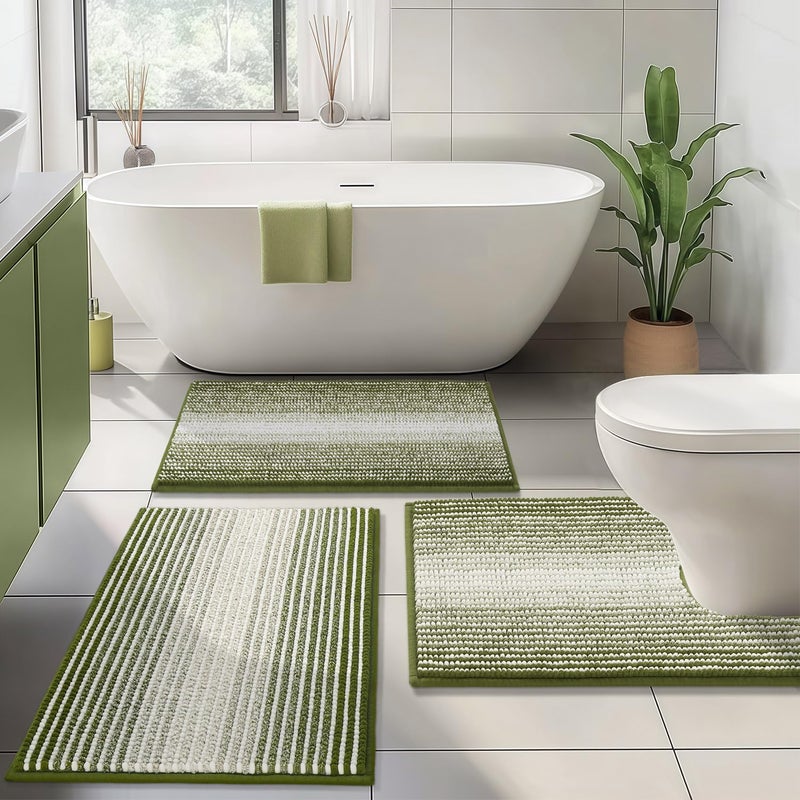 BSICPRO Bathroom Rugs Sets 3 Piece, Toilet Rugs U-Shaped Contour Bath Mat Set, Striped Absorbent Non Slip Chenille Shower Mat, Sage - Image 1