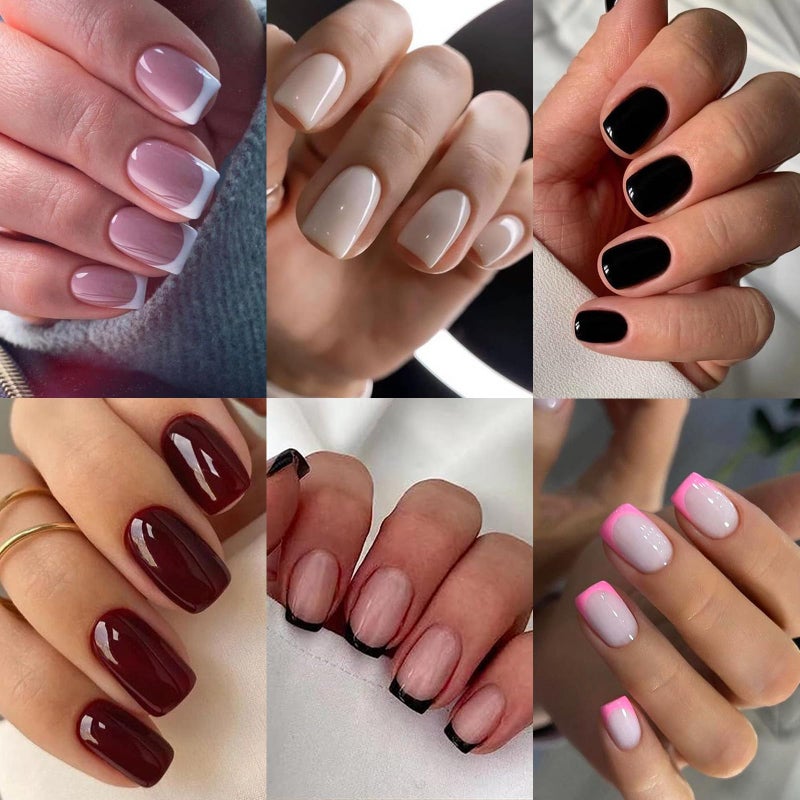 Jsiallye 6 Packs (144 Pcs) French Tip Press on Nails - Jsiallye Wine Red/Black/Milky White Solid Color Short Square Press on Nails, Glue on with Nail in 12 Sizes - 24 Fake Nails Kit, Stick on Nails for Women - Image 1