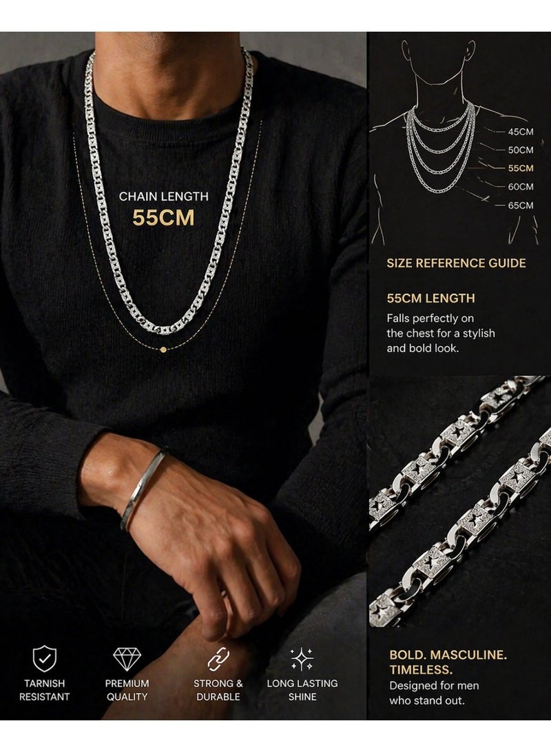 FINE SILVER Men's 925 Sterling Silver Star Link Chain Necklace - Textured Star Pattern Bold Statement Jewelry - Image 3