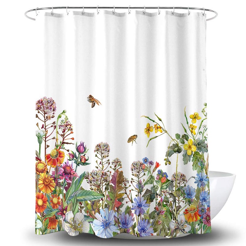BECAN Flowers Shower CurtainBeautiful Watercolor Wildflowers Bee Field Plants Garden Herbs Leaves Polyester Fabric Layer Thickening Fabric Curtains Shower Curtains 72X72Inches