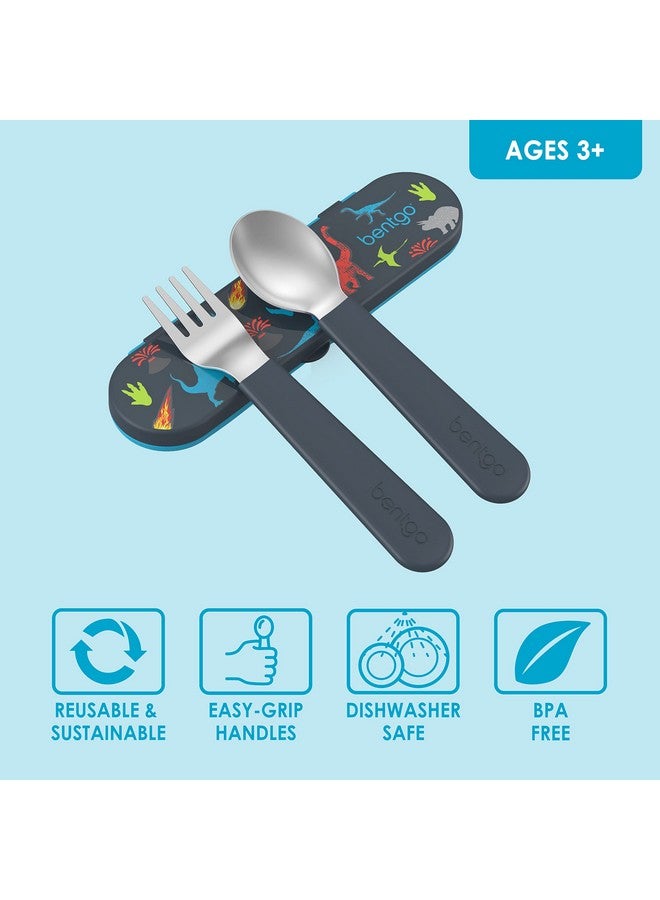 Bentgo Kids Stainless Steel Utensil Set - Reusable Fork, Spoon & Storage Case - High-Grade BPA-Free Stainless Steel, Easy-Grip Handles, Dishwasher Safe for School Lunch, Travel & Outdoors (Dinosaur) - Image 3
