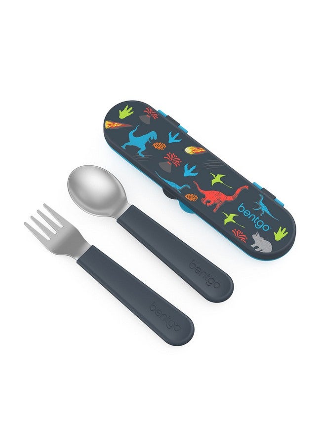 Bentgo Kids Stainless Steel Utensil Set - Reusable Fork, Spoon & Storage Case - High-Grade BPA-Free Stainless Steel, Easy-Grip Handles, Dishwasher Safe for School Lunch, Travel & Outdoors (Dinosaur) - Image 1
