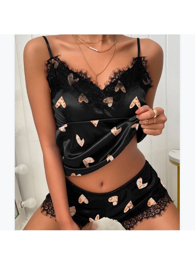 NIBEMINENT Women'S 2 Piece Pajama Suit Cute Printed Suspender Vest And Shorts Set Classic Solid Color Lapel Silk - Image 2