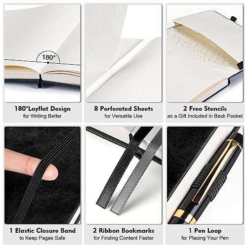 OFFIGIFT Bullet Dotted Journal Notebook, 312 Numbered Pages A5 Hardcover Leather Journal, 100gsm No Bleed Paper Dot Grid Notebook with Index Pages, Dot Journal for Women Men, 5.75" x 8.38", Black - Image 2