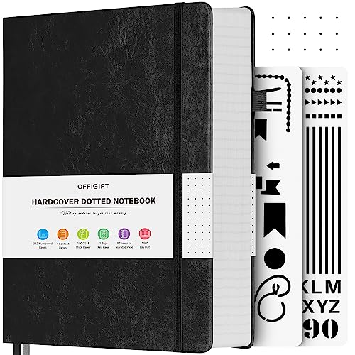 OFFIGIFT Bullet Dotted Journal Notebook, 312 Numbered Pages A5 Hardcover Leather Journal, 100gsm No Bleed Paper Dot Grid Notebook with Index Pages, Dot Journal for Women Men, 5.75" x 8.38", Black - Image 1