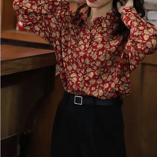 Shirt Womens Spring and Autumn long sleeve design sense niche 2022 new printed retro Hong Kong style loose shirt top fashion Dry Red Rose long sleeve shirt
