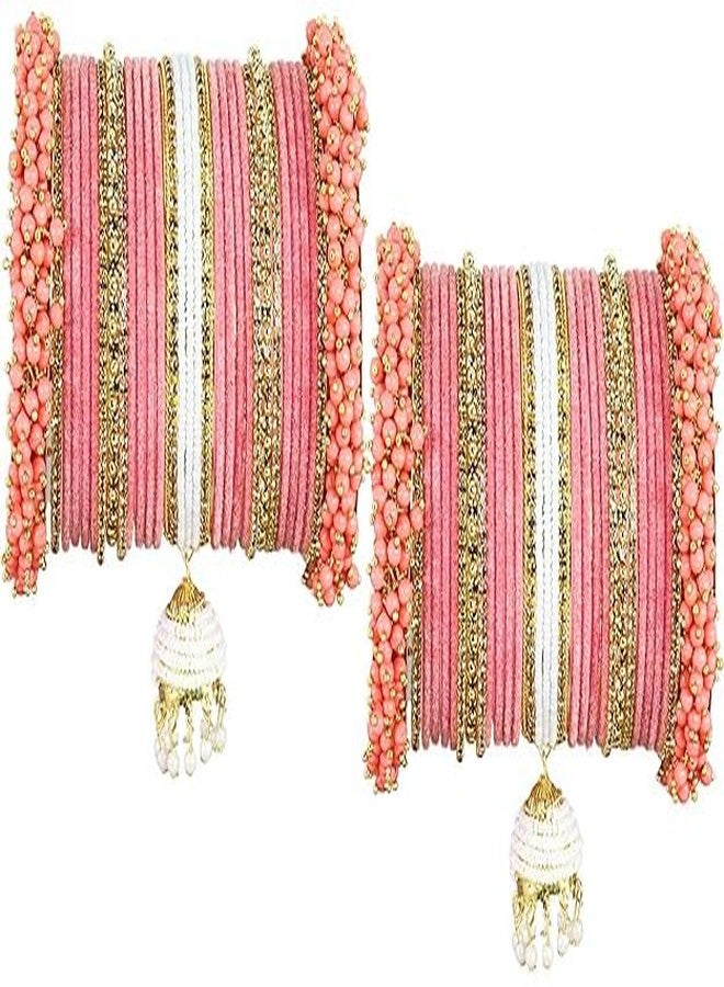 BANGLESKART Latest Trendy Metal with Pearls, Zircon Stone & Velvet Bangles Bridal Chuda Set With Latkan For Women & Girls Dulhan Chooda Set For Wedding, Party, Occasion Wear Set of 54 Watermelon - Image 1