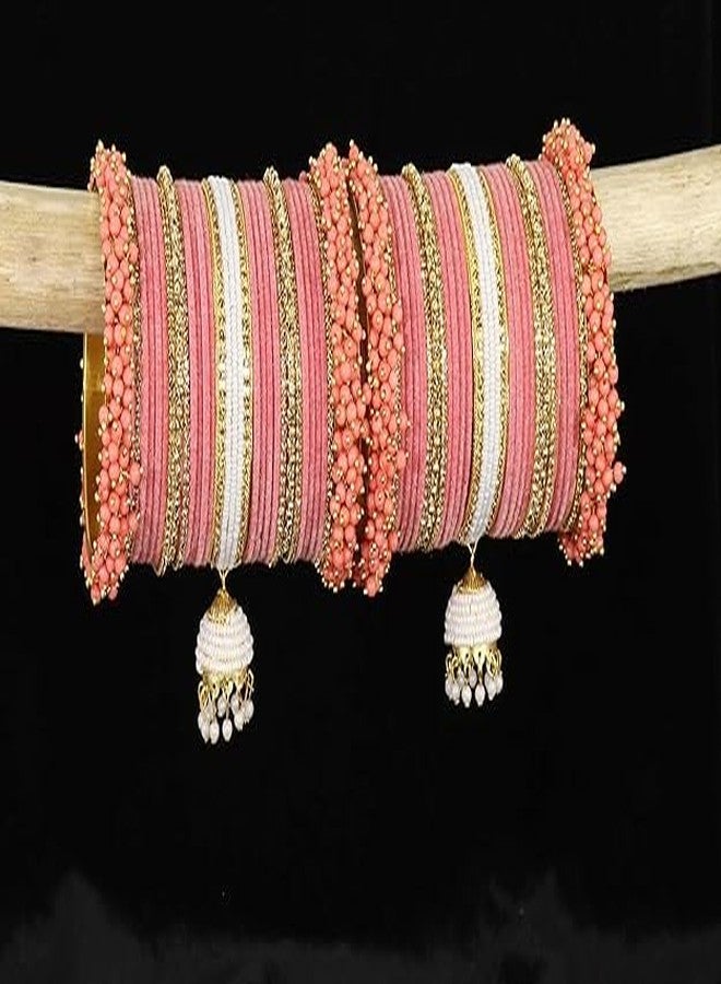 BANGLESKART Latest Trendy Metal with Pearls, Zircon Stone & Velvet Bangles Bridal Chuda Set With Latkan For Women & Girls Dulhan Chooda Set For Wedding, Party, Occasion Wear Set of 54 Watermelon - Image 5