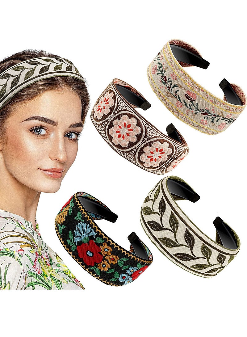 KASTWAVE 4 Pieces Boho Headband Handmade Embroidery Bohemia Floral Wide Headbands Vintage Ethnic Style Hair Band for Women Girls Hair Accessories (Classic Pattern) - Image 1