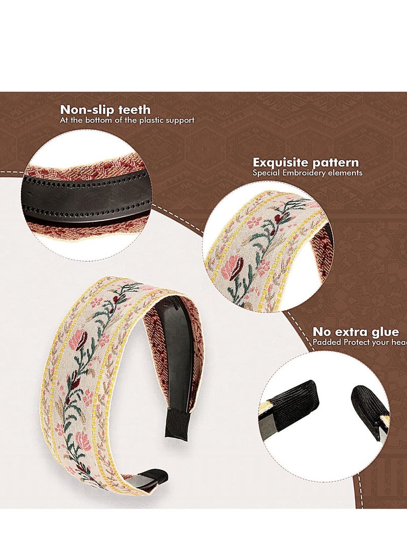 KASTWAVE 4 Pieces Boho Headband Handmade Embroidery Bohemia Floral Wide Headbands Vintage Ethnic Style Hair Band for Women Girls Hair Accessories (Classic Pattern) - Image 3
