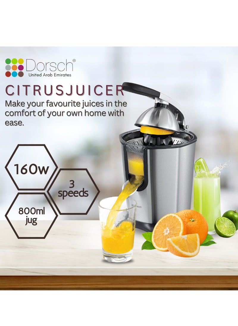 Dorsch - Danish Design Electric Citrus Juicer 160W | Stainless Steel Reamer & Filter | Auto-Reversing Function for Maximum Juice Extraction | Adjustable Pulp Control | 0.7L BPA-Free Tank, Compact & Easy to Clean | Orange, Lemon & Lime Juicer - Image 1