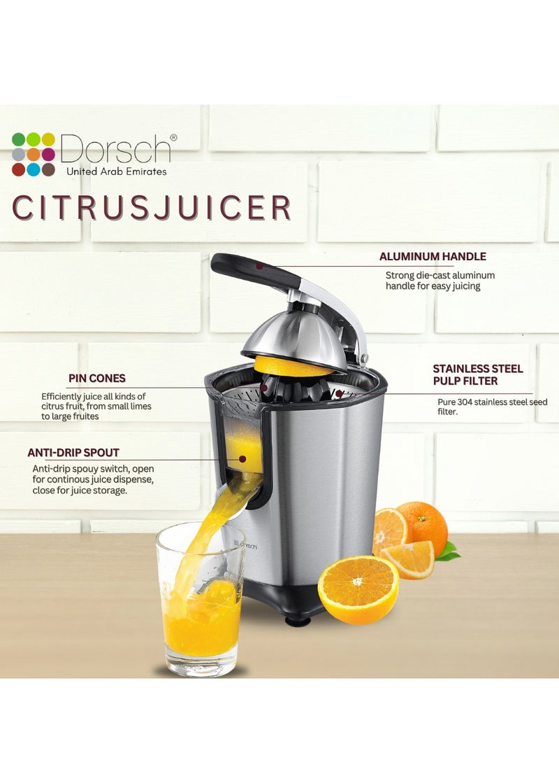 Dorsch - Danish Design Electric Citrus Juicer 160W | Stainless Steel Reamer & Filter | Auto-Reversing Function for Maximum Juice Extraction | Adjustable Pulp Control | 0.7L BPA-Free Tank, Compact & Easy to Clean | Orange, Lemon & Lime Juicer - Image 1