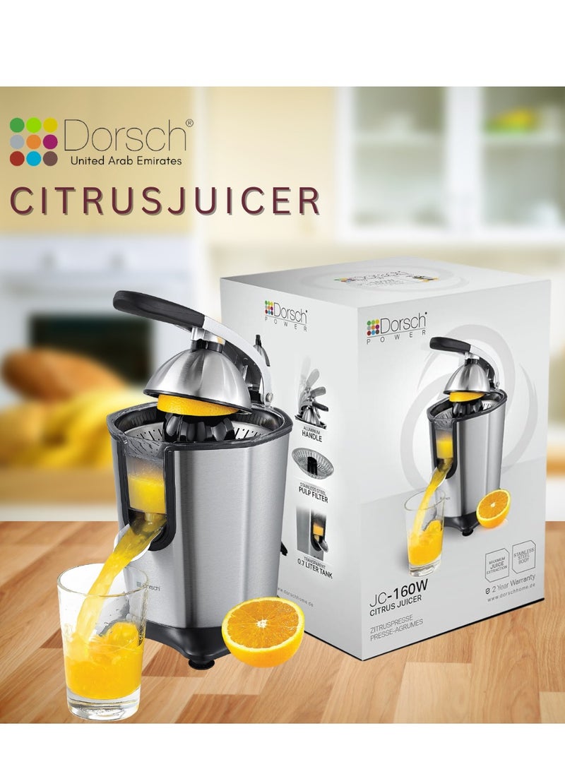 Dorsch - Danish Design Electric Citrus Juicer 160W | Stainless Steel Reamer & Filter | Auto-Reversing Function for Maximum Juice Extraction | Adjustable Pulp Control | 0.7L BPA-Free Tank, Compact & Easy to Clean | Orange, Lemon & Lime Juicer - Image 1