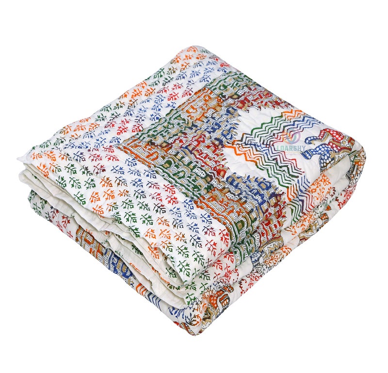 LOARSHY 210 TC Cotton Hawamahal with Elephant Print Jaipuri Razai Malmal Light Weight Pure Cotton Double Bed Hand Block Multi Color Soft King Size AC Razai/Rajai (Size 87X103 inch) - Image 5
