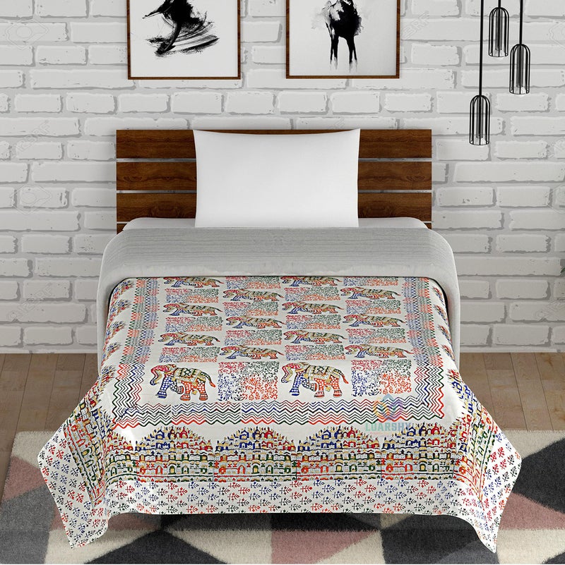 LOARSHY 210 TC Cotton Hawamahal with Elephant Print Jaipuri Razai Malmal Light Weight Pure Cotton Double Bed Hand Block Multi Color Soft King Size AC Razai/Rajai (Size 87X103 inch) - Image 1