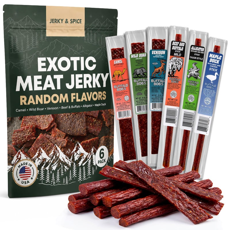 Jerky-n-Spice Buffalo Bobs Wild Game Exotic Meat Snacks  Beef Variety Pack  Jerky Exotic Sampler Set  Gift Basket for Men  Hunting Camping Adventure  Stocking Stuffers  High Protein Snack  6 Random Pack - Image 3