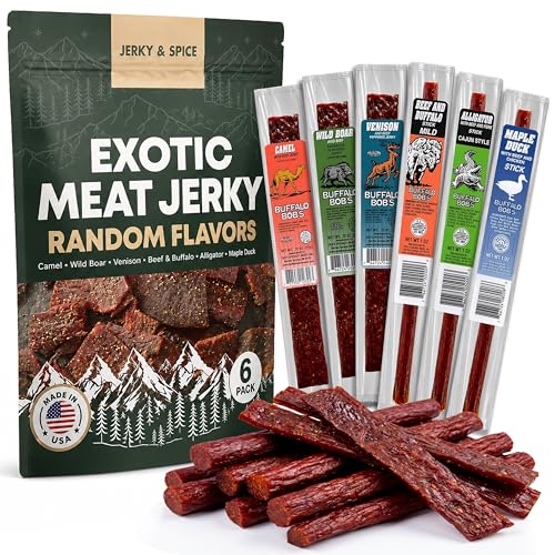 Jerky-n-Spice Buffalo Bobs Wild Game Exotic Meat Snacks  Beef Variety Pack  Jerky Exotic Sampler Set  Gift Basket for Men  Hunting Camping Adventure  Stocking Stuffers  High Protein Snack  6 Random Pack - Image 1