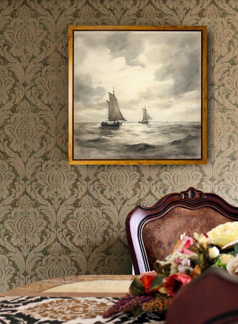 لوحة كانفاس على إطار خشبي بإطار خارجي باللون الخشبي وتصميم كلاسيكي لمراكب شراعية في البحر - Image 1