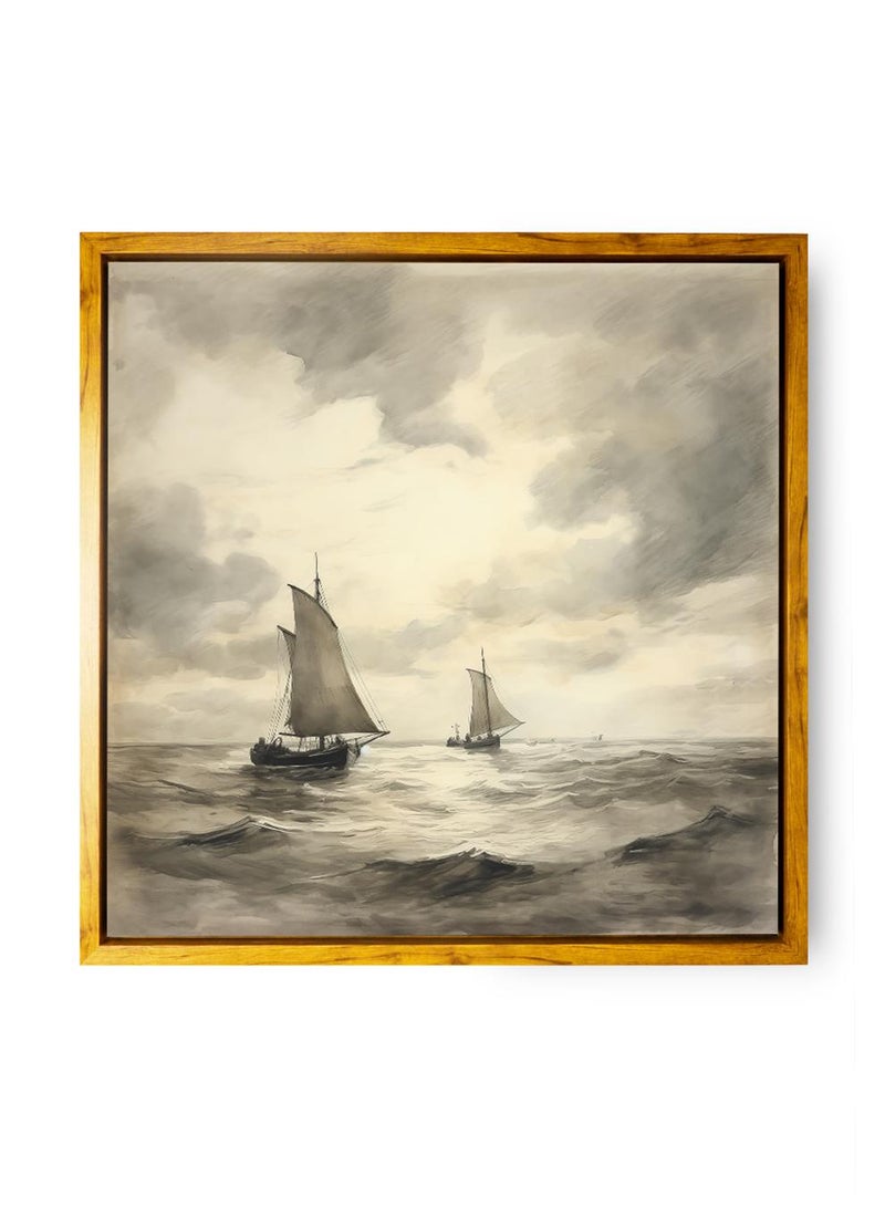 لوحة كانفاس على إطار خشبي بإطار خارجي باللون الخشبي وتصميم كلاسيكي لمراكب شراعية في البحر - Image 5