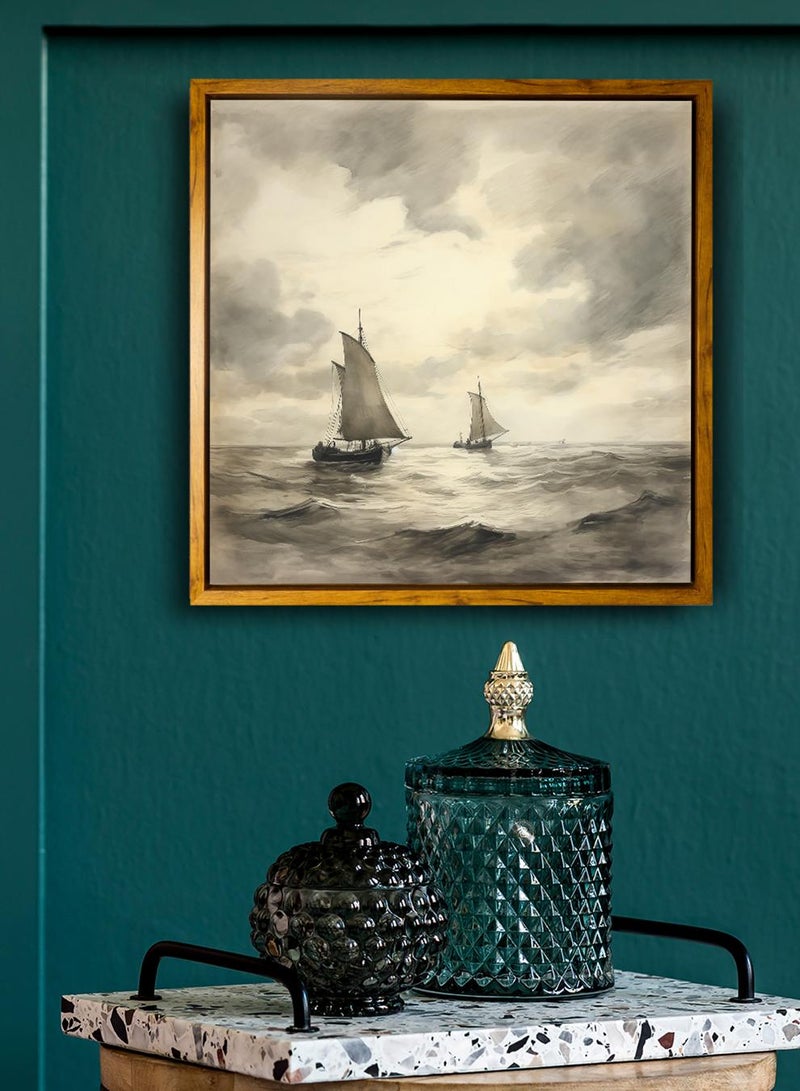 لوحة كانفاس على إطار خشبي بإطار خارجي باللون الخشبي وتصميم كلاسيكي لمراكب شراعية في البحر - Image 4