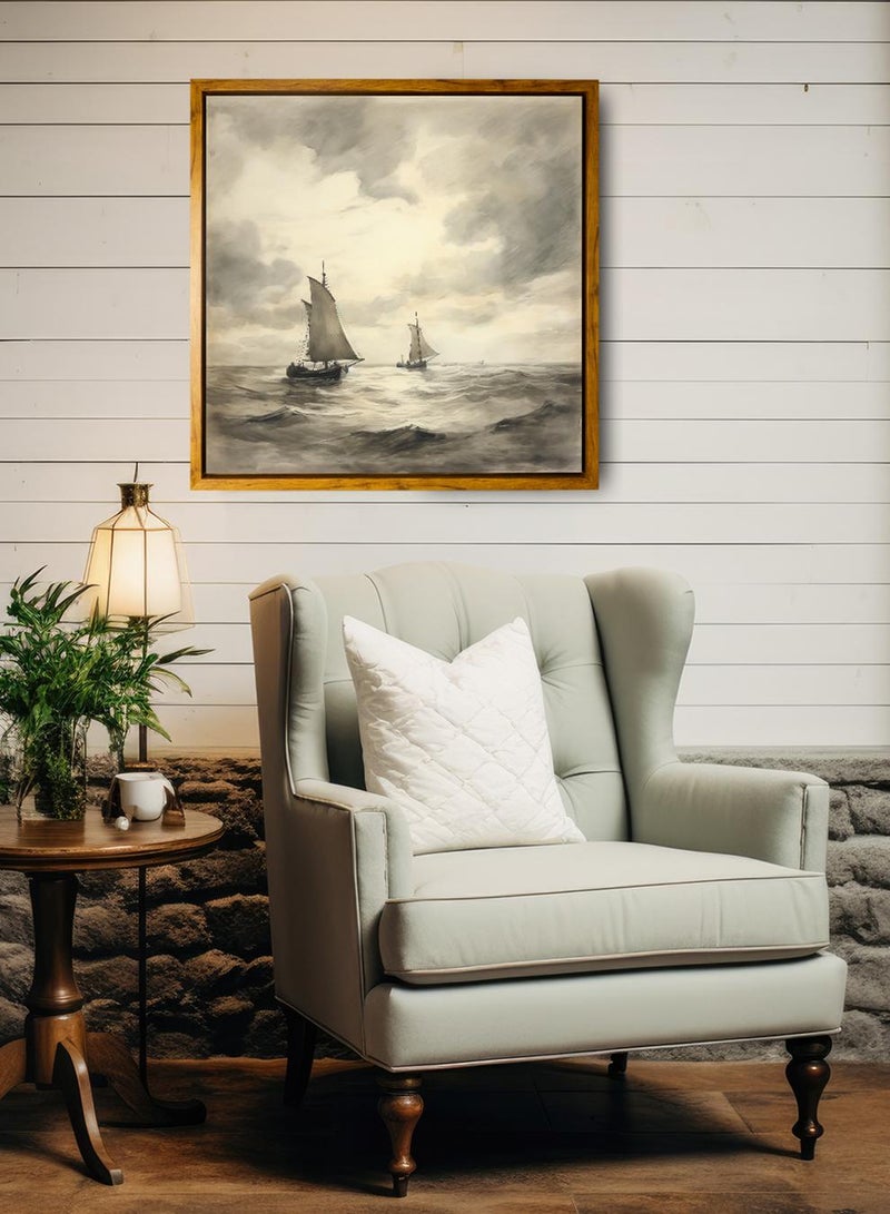 لوحة كانفاس على إطار خشبي بإطار خارجي باللون الخشبي وتصميم كلاسيكي لمراكب شراعية في البحر - Image 3