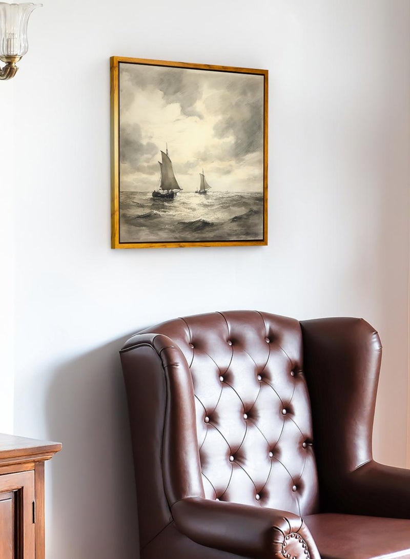 لوحة كانفاس على إطار خشبي بإطار خارجي باللون الخشبي وتصميم كلاسيكي لمراكب شراعية في البحر - Image 2