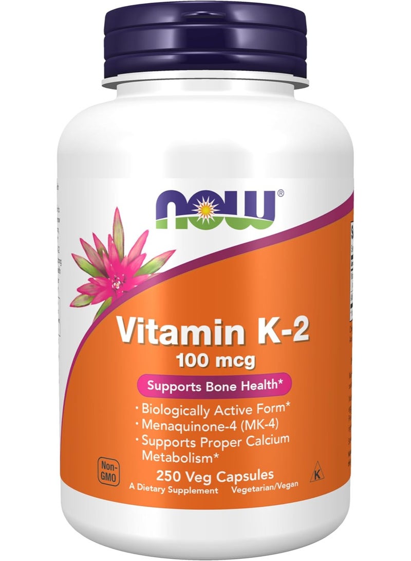 now Vitamin K-2 100 mcg, Menaquinone-4 (MK-4), Supports Bone Health*, 250 Veg Capsules - Image 1