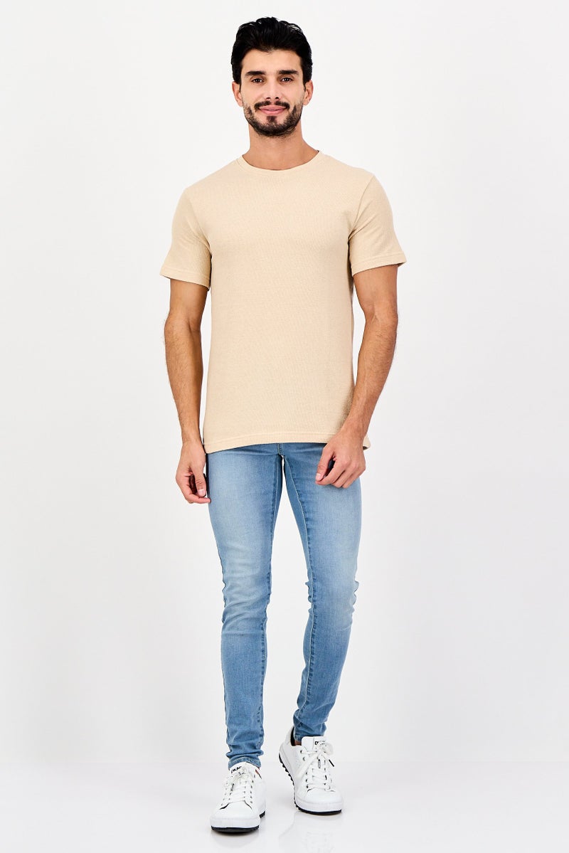 Threadbare Men Crew Neck Short Sleeve Textured T-shirt, Beige - Image 4