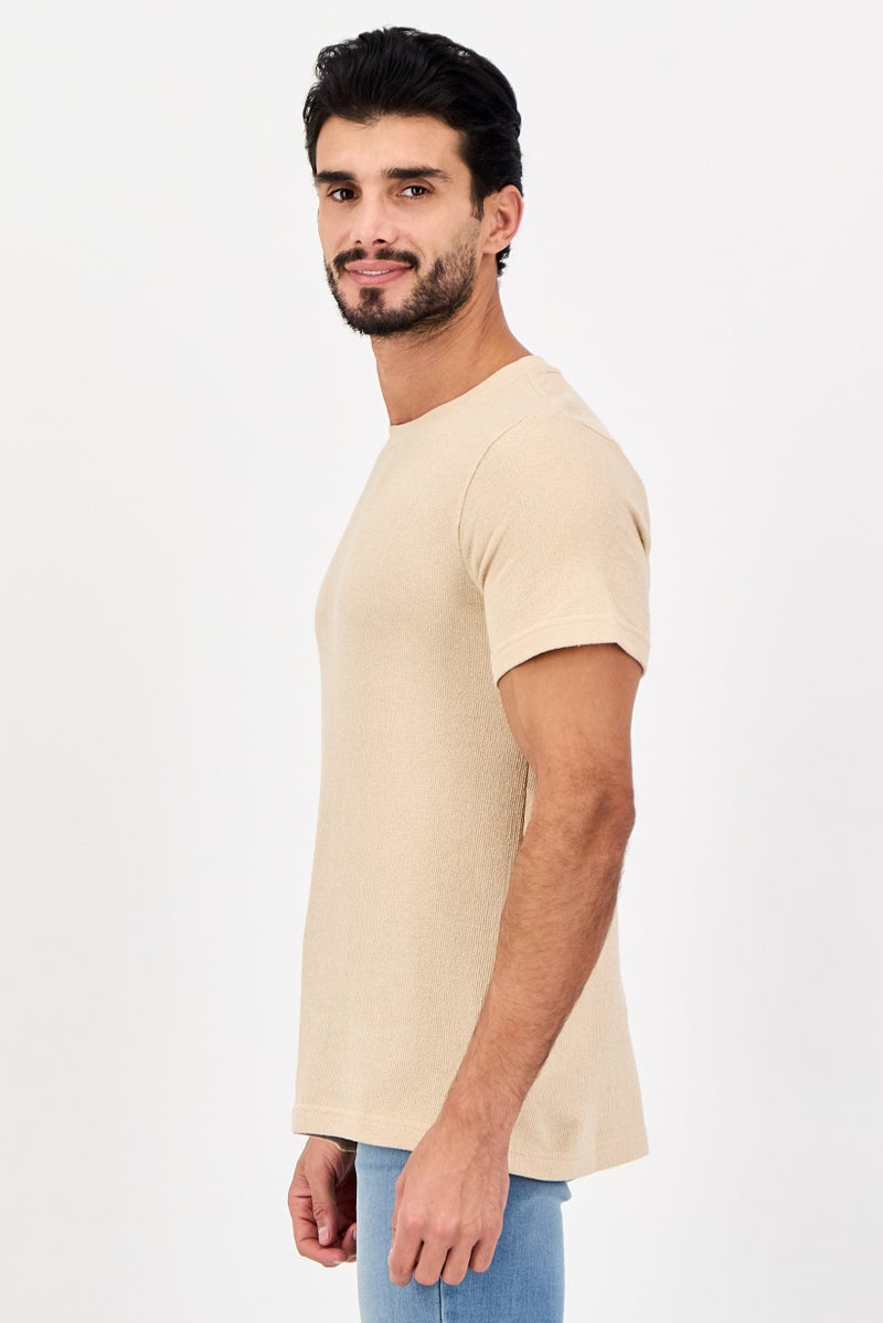 Threadbare Men Crew Neck Short Sleeve Textured T-shirt, Beige - Image 3
