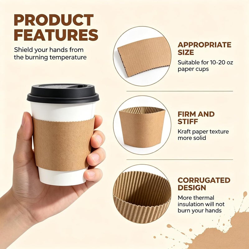 Frcctre 300 Pack Kraft Coffee Cup Sleeve, Brown Disposable Corrugated Cardboard Paper Jackets, Kraft Hot Coffee Cup Sleeves for Espresso Coffee Milk Tea Beverage Insulator and Hand Protection - Image 3