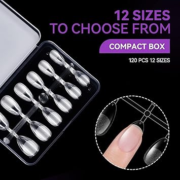 XS Short Almond Nail Tips Soft Gel Nail Tips Almond Shaped Full Cover Gel X Nails Pre Etched for ExtensionsPMMA Resin Clear Strong False Press on Nails 12 Sizes 120PCS - Image 5