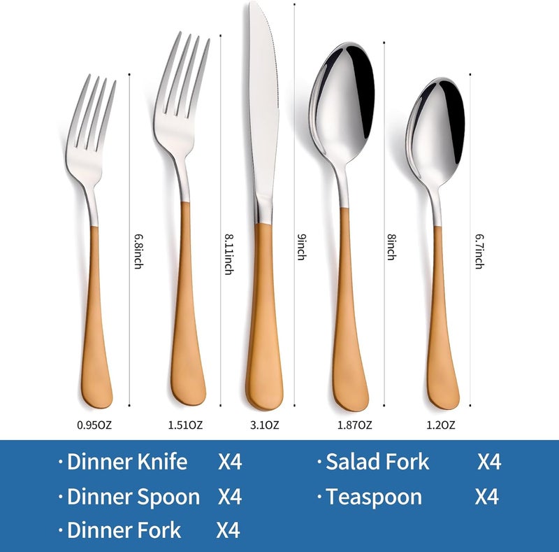 Moxinox 20-Piece Orange Silverware Set, 18/0 Stainless Steel Orange Handle Flatware Set, Service for 4, Modern Cutlery Set Includes Dinner Knives Forks Spoons, Mirror Polished, Dishwasher Safe - Image 2