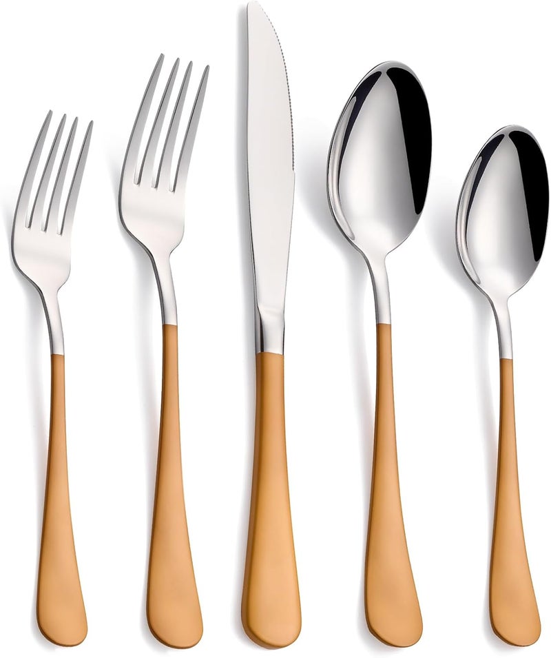 Moxinox 20-Piece Orange Silverware Set, 18/0 Stainless Steel Orange Handle Flatware Set, Service for 4, Modern Cutlery Set Includes Dinner Knives Forks Spoons, Mirror Polished, Dishwasher Safe - Image 1
