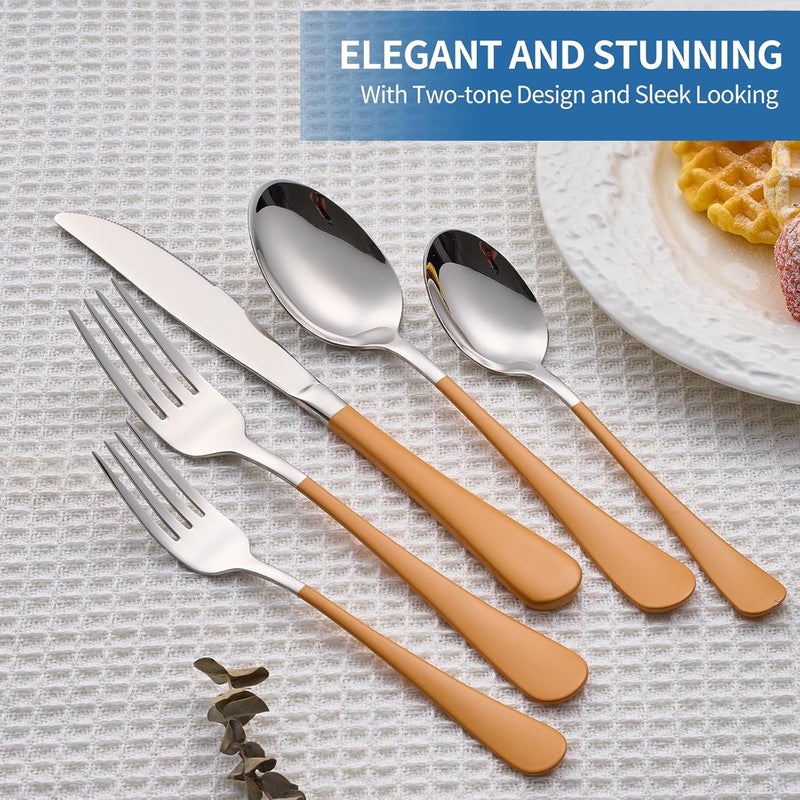 Moxinox 20-Piece Orange Silverware Set, 18/0 Stainless Steel Orange Handle Flatware Set, Service for 4, Modern Cutlery Set Includes Dinner Knives Forks Spoons, Mirror Polished, Dishwasher Safe - Image 3