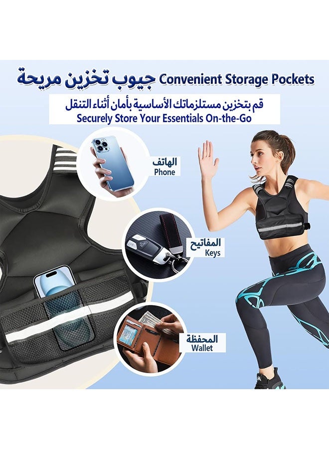 عربست سترة وزن قابلة للتعديل 10 كجم مع شريط عاكس للرجال والنساء، مجموعة تمارين سترة وزن الجسم للجري وتدريب القوة وتمارين اللياقة البدنية وفقدان الوزن في صالة الألعاب الرياضية المنزلية، لون أسود - Image 4
