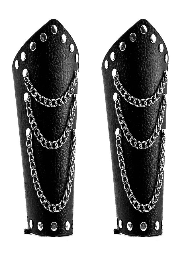 MILAKOO Mens Black Leather Wrap Gauntlet Wristband with Chains Fastening Arm Armor Cuff - Image 1