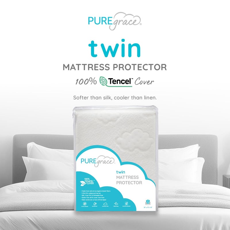 PUREgrace Tencel Mattress Protector (Twin) â€“ Waterproof, Noiseless Cover for Potty Training, Breathable and Soft with Deep-Pocketed Corners for Secure Fit - Image 1