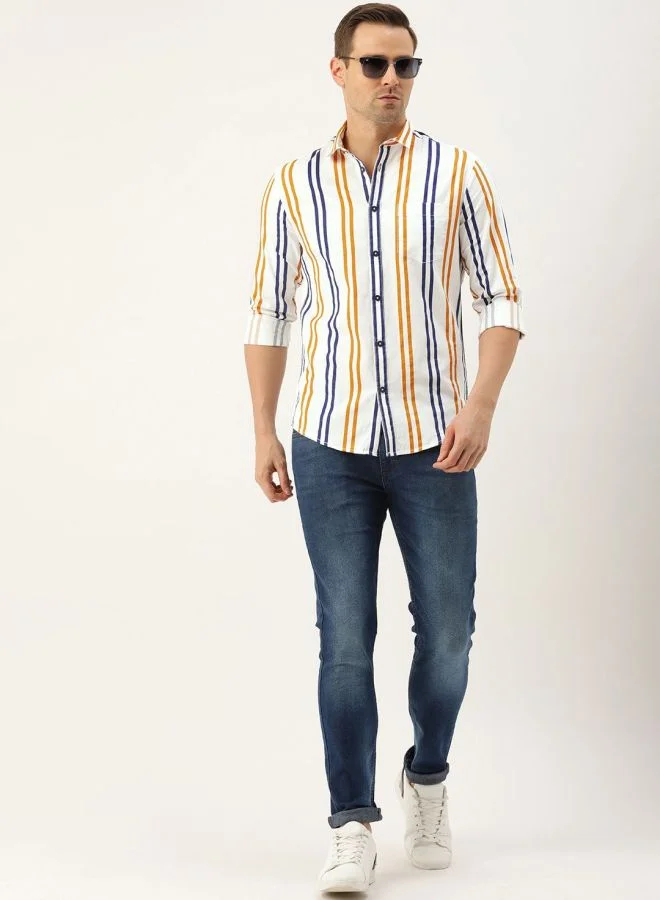 شركة المرآب الهندية Men Slim Fit Striped Full Sleeves Cutaway Collar Casual Shirt