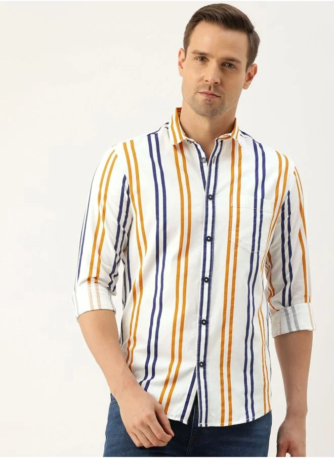 شركة المرآب الهندية Men Slim Fit Striped Full Sleeves Cutaway Collar Casual Shirt