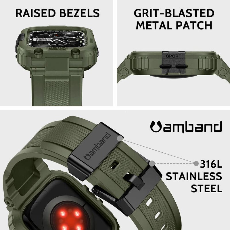 amBand أشرطة amBand متوافقة مع ساعة آبل 9/8/7 45 مم، غلاف واقي رياضي M1 لسلسلة Rugged لساعة iWatch 6/SE (3/2/1)/5/4/3 44 مم 42 مم للرجال باللون الأخضر - Image 2