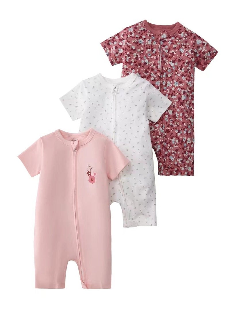 RedMapleTEK 3-Piece Set Of Pure Cotton Jumpsuits For Infants And Young Children With Short Sleeves And Crawling Clothes - Image 1