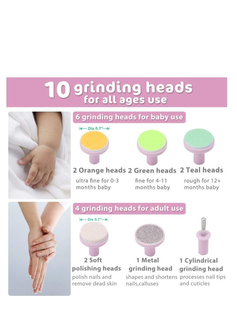 Arabest Baby Nail Trimmer Electric Nail File  Safety Nail File Grinding Set Suitable for Newborns Toddlers Children Adults Toe Nail Care Trimming polish with LED light and 10 grinding heads（Pink) - Image 2