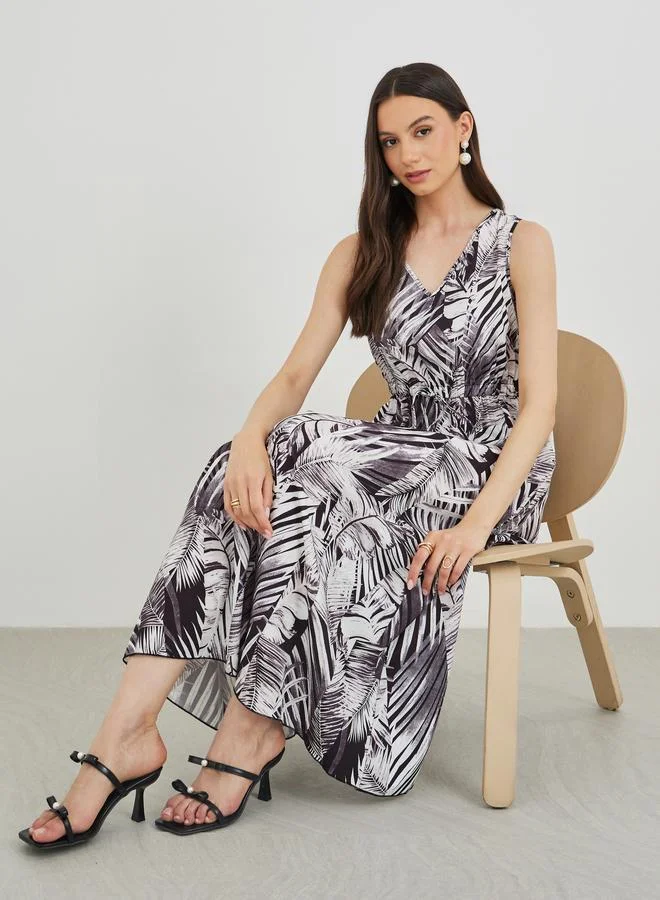 تايك تو Take Two Floral Print V-Neck Sleeveless A-Line Midi Dress