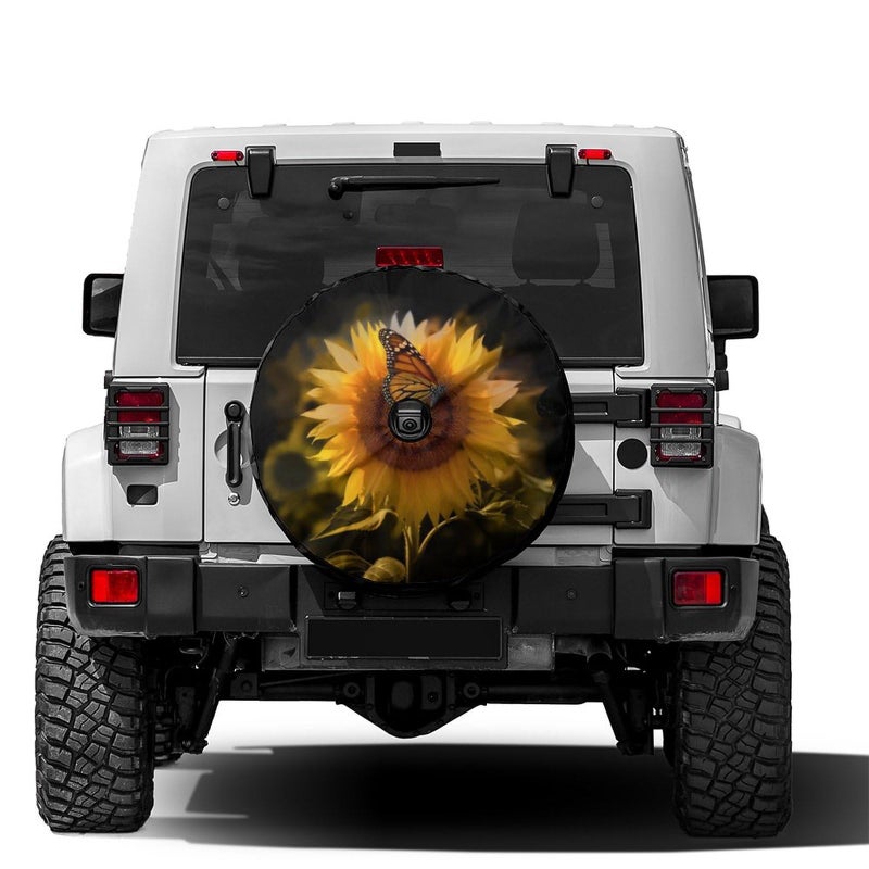 Foruidea Butterfly and Sunflower She is Sunshine Spare Tire Cover with Backup Camera Hole Wheel Tire Cover Fit Trailer, RV, SUV and Many Vehicle 17inch