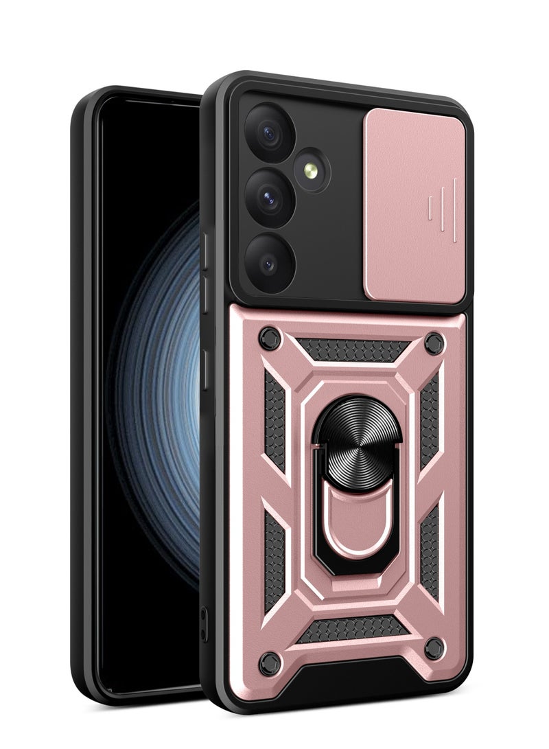 Shunjia Sliding Window Case, Shockproof Rugged Armor with Sliding Camera Cover & 360° Ring Kickstand, Compatible with Samsung Galaxy A55 (Rose Gold)