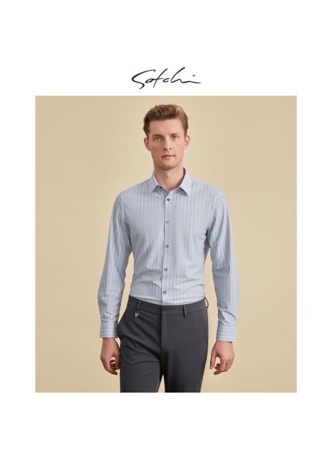 Satchi Satchi Easy Care Business Banquet Men's Long Sleeve Shirt Men's Fine Striped Wrinkle-resistant Shirt Men's Thin Style - Light Gray Blue 41 - Image 1