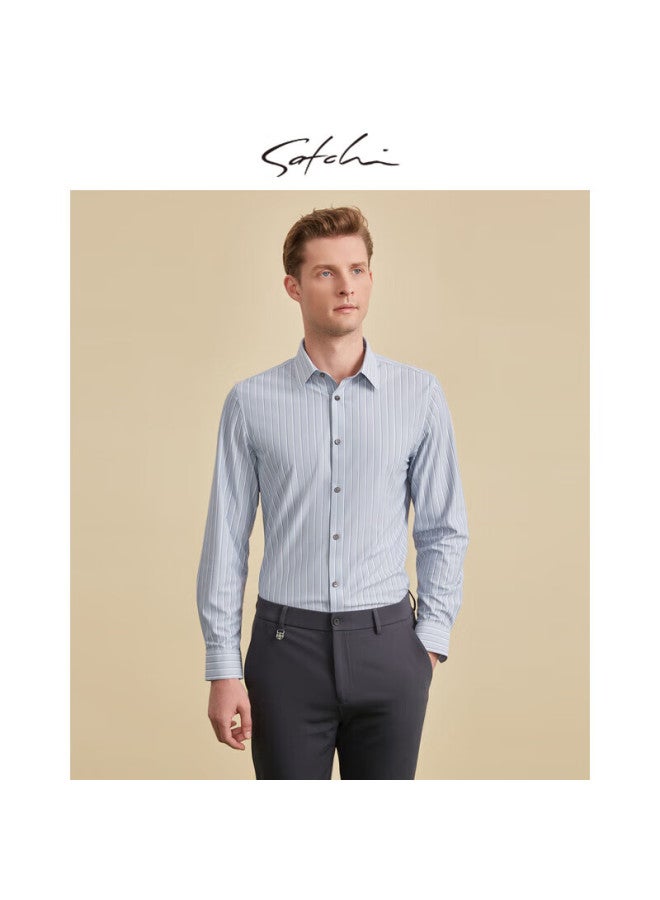 Satchi Satchi Easy Care Business Banquet Men's Long Sleeve Shirt Men's Fine Striped Wrinkle-resistant Shirt Men's Thin Style - Light Gray Blue 41 - Image 2
