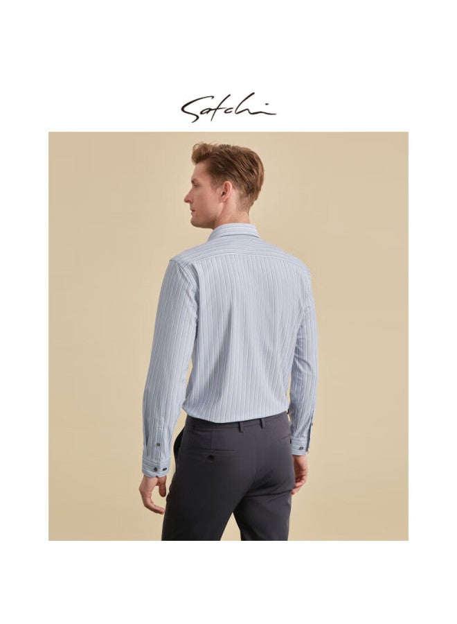 Satchi Satchi Easy Care Business Banquet Men's Long Sleeve Shirt Men's Fine Striped Wrinkle-resistant Shirt Men's Thin Style - Light Gray Blue 41 - Image 3