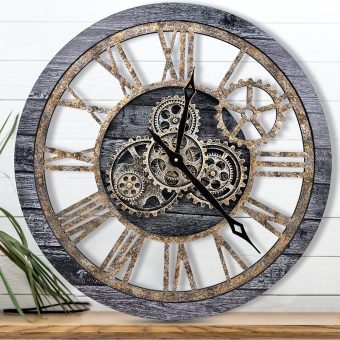 THE BSTYLE LARGE WALL CLOCK 24 INCH MOVING GEAR WALL CLOCK OVERSIZED VINTAGE FARMHOUSE WALL CLOCKS FOR LIVING ROOM DECOR DECORATIVE RUSTIC INDUSTRIAL WOOD CLOCK CARBON GRAY